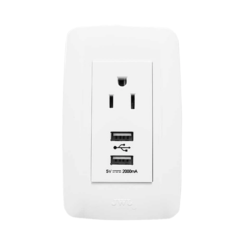 JTL-B72-70 Contacto Sencillo de 15 A/ 127 V CA y 2 Conectores USB de 5 V CD 2A / Color Blanco.