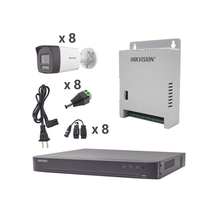 Kit Audio Bidireccional TurboHD 4K-3K / DVR 8 Canales 4K / 8 Cámaras Bala (Exterior) con Bocina y Microfóno Integrado 3K / 1 Fuentes de Poder / Accesorios
