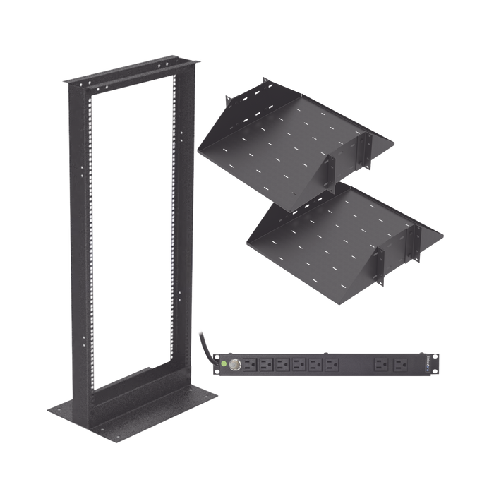 Kit de Rack Estándar 19, 24 UR con 2 Charolas y PDU (8 tomas). Ideal para UPS y Servidores tipo Torre.