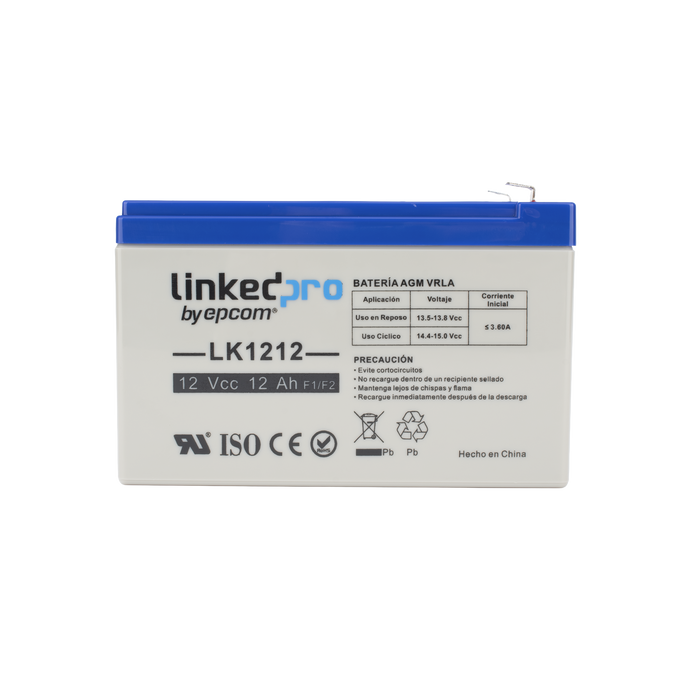 Batería 12 V / 12 Ah / UL / Tecnología AGM / Vida útil promedio de 5 años / Uso en equipo electrónico / Intrusión / Incendio/ Control de acceso / Video Vigilancia / Terminales F1 ( Incluye adaptador F2 )