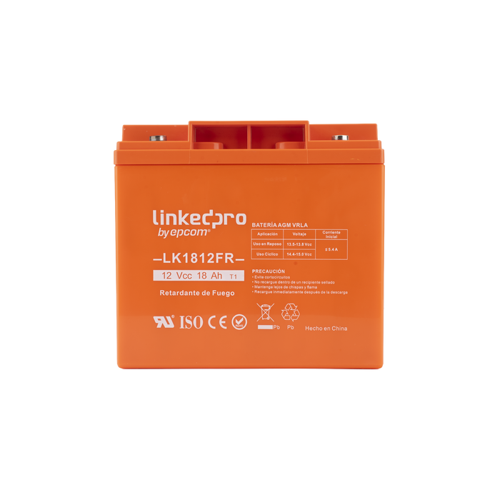 Batería 12 V / 18 Ah / UL / Tecnología AGM / Vida útil promedio de 5 años / Retardante a la Flama / Para uso en equipo electrónico, Alarmas de Intrusión / Incendio/ Control de acceso / Video Vigilancia / TermInale