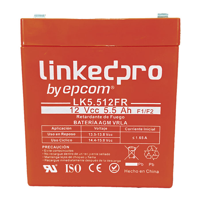 Batería 12 V / 5.5 Ah / UL / Tecnología AGM / Vida útil promedio de 5 años / Retardante a la Flama / Para uso en equipo electrónico, Alarmas de Intrusión / Incendio/ Control de acceso / Video Vigilancia / Incluye