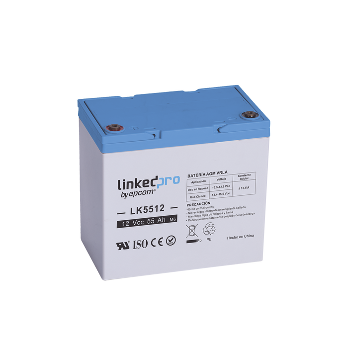 Batería 12 V / 55 Ah / UL / Tecnología AGM / Vida útil promedio de 5 años / Para uso en equipo electrónico, Alarmas de Intrusión / Incendio/ Control de acceso / Video Vigilancia / T2