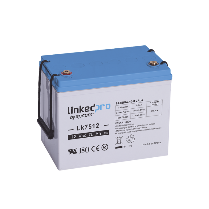 Batería 12 Vcc / 75 Ah / UL / Tecnología AGM-VRLA / Vida útil promedio de 5 años / Para uso en equipo electrónico / Sistemas de emergencia y aplicaciones fotovoltaicas Terminales T3