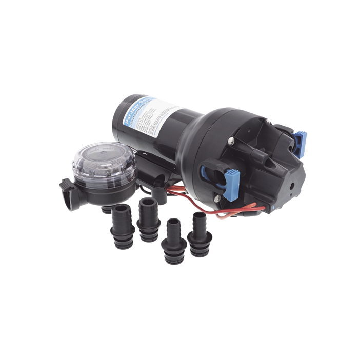 Bomba de diafragma controlada por presión para trabajo pesado ParMax de 12 Vcd, caudal de 5 GPM, presión máxima 60 psi, para manguera de diámetro interior de 13 mm (1/2) y 19 mm (3/4)