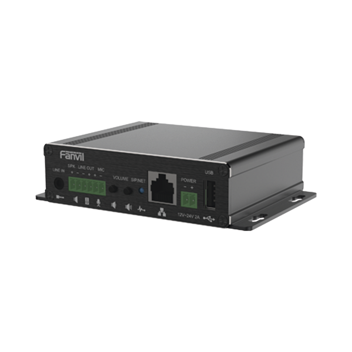 Gateway para Voceo IP/SIP, Entrada de audio (3.5mm), salida de amplificador integrado de hasta 30W, puerto USB (reproducción de MP3),
