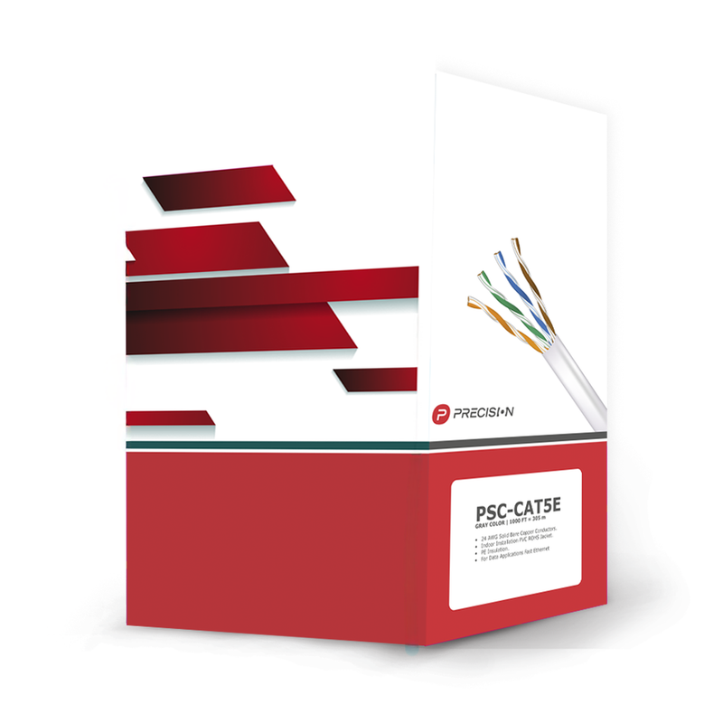 PSC-CAT5E Bobina de cable de UTP de 4 pares Cat5e de 305 m (1000 ft), 100% Cobre, PVC ROHS, Color Gris, 24 AWG, Uso en Interior,  Para Aplicaciones de Voz, Datos y Video