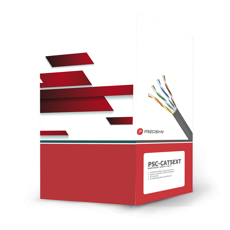 PSC-CAT5EXT Bobina de cable de UTP de 4 pares Cat5e de 305 m (1000 ft), 100% Cobre, LDPE Resistente a rayos UV, Color Negro, 24 AWG, Uso en Exterior,  Para Aplicaciones de Voz, Datos y Video