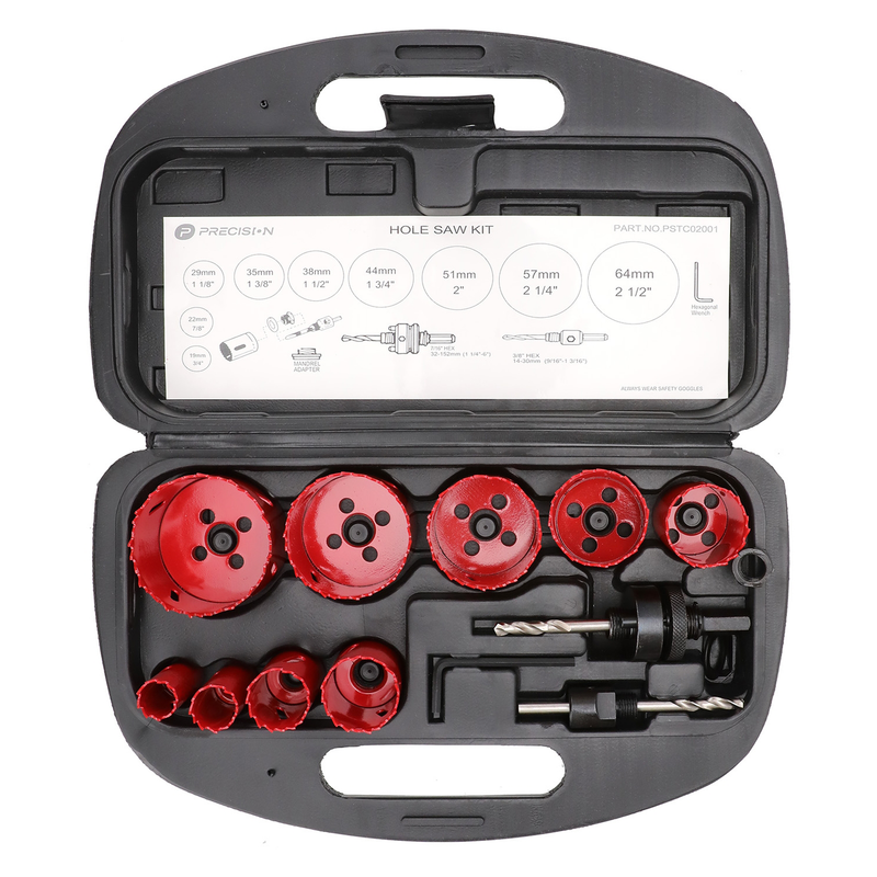 PST-C020-01 Juego de 13 Brocas Sierra Bimetálica con Adaptadores y Estuche. (3/4, 7/8, 1-1/8, 1-3/8,  1-1/2, 1-3/4, 2, 2-1/4, 2-1/2)