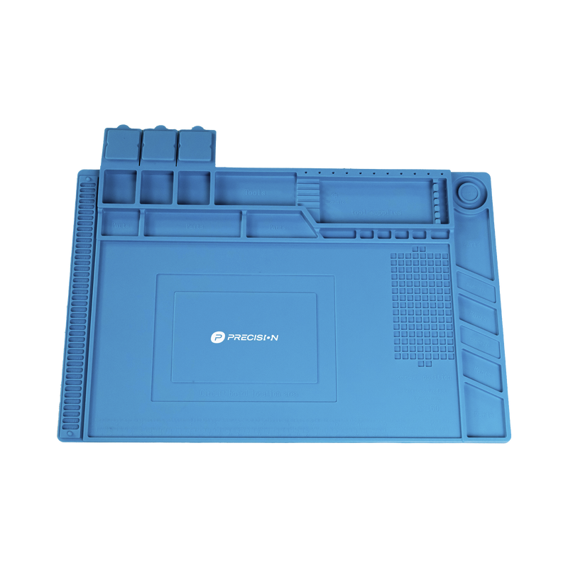 PST-S03-001 Tapete de silicona de 45 x 30 cm, resistente al calor con áreas magnéticas y de almacenamiento de componentes, ideal para la reparación de equipos y tarjetas electrónicas.