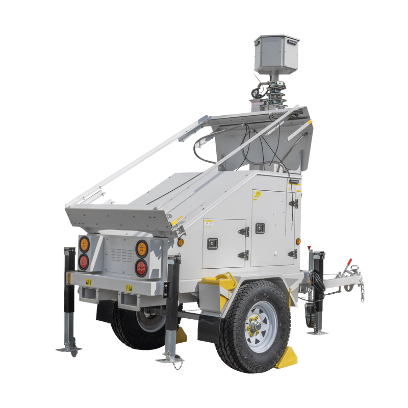 PST-VTS-3P Traila / Remolque con Mástil Retráctil de 7.5 m. para Videovigilancia o Iluminación, con Bases para Instalar Paneles Solares y Baterías (No incluidos)
