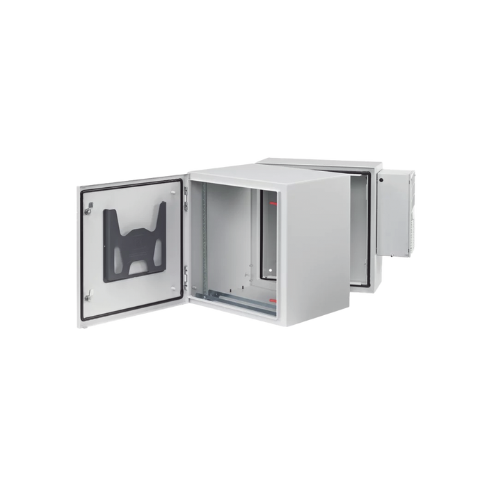 Gabinete Industrial ProTek de Puerta Sólida, Con Aire Acondicionado de 2000 BTU, Protección NEMA Tipo 4/12/4X; IP66; IK10, Abatible, Fabricado en Acero, 12 UR, Color Gris Claro