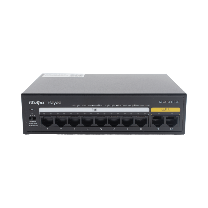 Switch PoE+ con 10 Puertos 10/100 Mbps / 110 W / Carcasa de Acero / No Administrable
