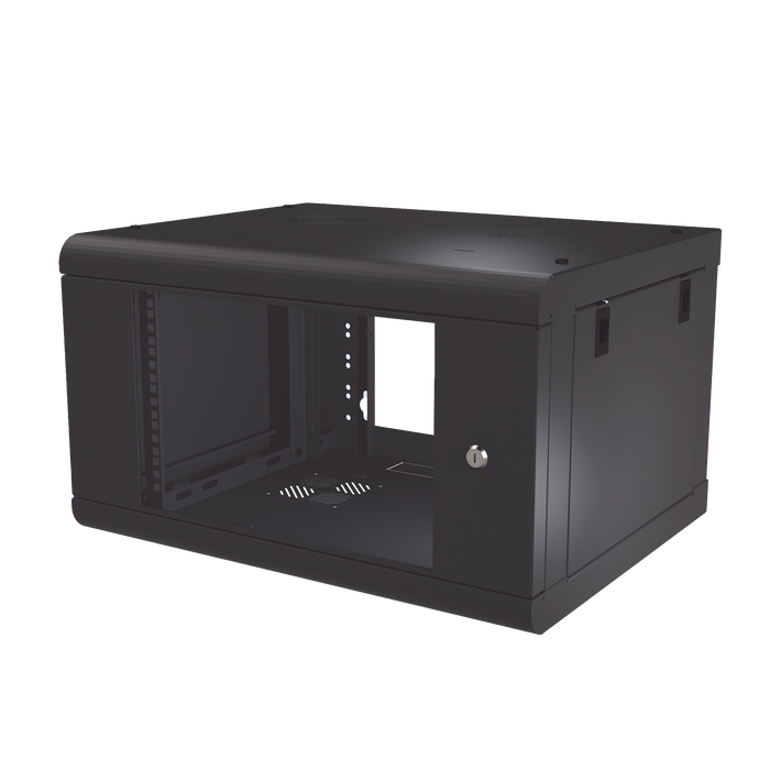 Gabinete de Pared de 6U con Puerta de Cristal Templado, 479.5 mm de Profundidad, Rack de 19, Acero Reforzado Color Negro.