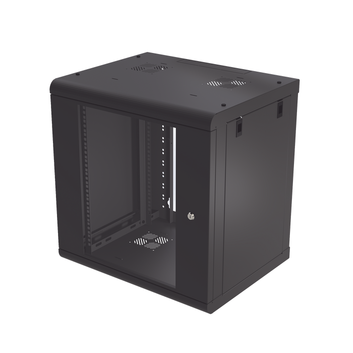 Gabinete de Pared de 12U con Puerta de Cristal Templado, 479.5 mm de Profundidad, Rack de 19, Acero Reforzado Color Negro.
