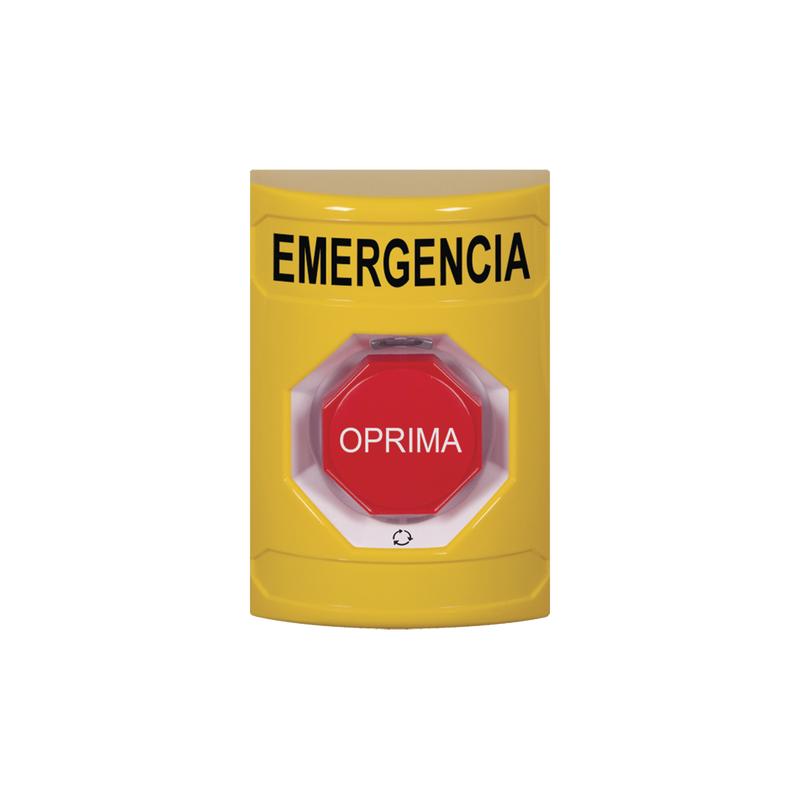 SS2209EM-ES Botón de Emergencia en Español, Color Amarillo, Acción Mantenida, Girar para Restablecer y LED Multicolor