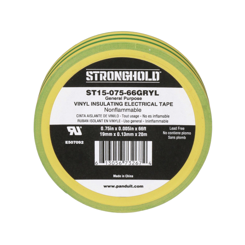 ST15-075-66-GRYL Cinta Eléctrica STRONGHOLD para Aislar, de PVC, Uso Construcción General en Tierras Físicas, Grosor de 0.13 mm (5 mil), Ancho de 19.05 mm, y 20.12 m de Largo, Color Amarillo/Verde.