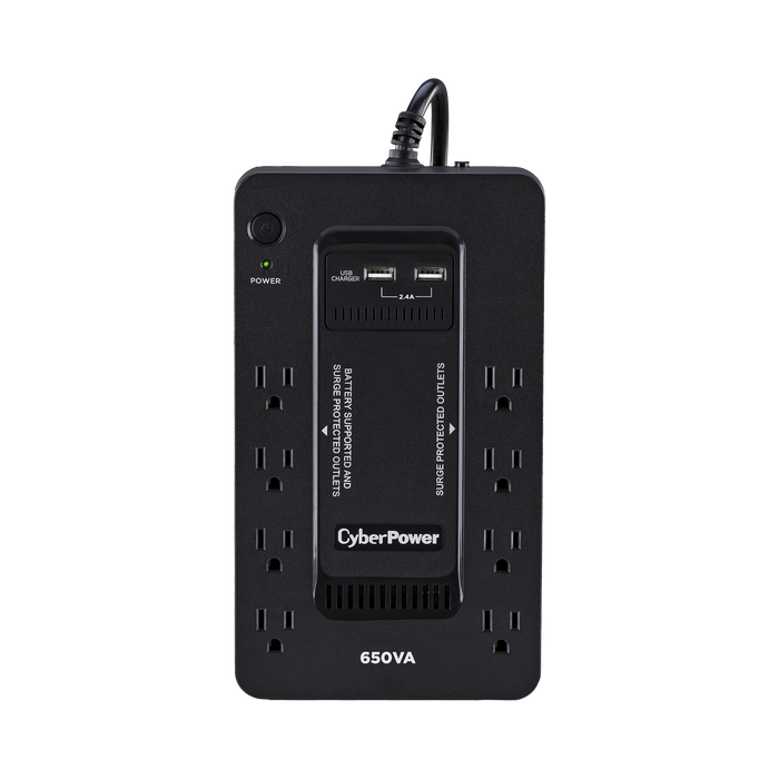 UPS de 650 VA/390 W, Topología Standby con Modo Ahorrador ECO, Entrada 120 Vca NEMA 5-15P, Con 8 Tomas NEMA 5-15R