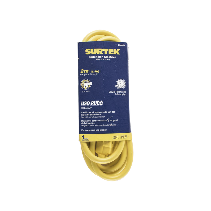 SYS-136040 Extensión Eléctrica de Uso Rudo 2 metros / 127 V CA 10 A Máximo /  Color Amarillo.