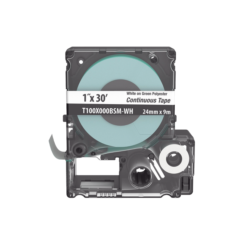 T100X000BSM-WH  Casete de Etiquetas de Poliéster de Cinta Continua, Color Blanco Sobre Verde, Uso Interior/Exterior, 24 mm (1 in) de Ancho x 9.1 Metros de Largo
