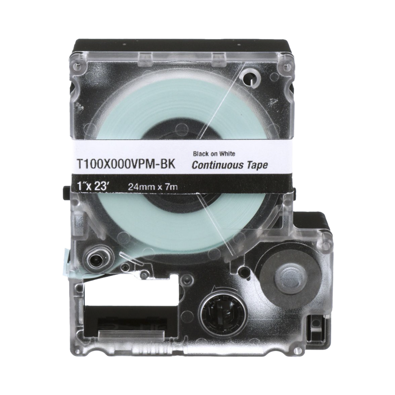 T100X000VPM-BK  Casete de Etiquetas de Vinilo de Cinta Continua, Color Negro Sobre Blanco, Uso Interior/Exterior, 24 mm (1 in) de Ancho x 7.6 Metros de Largo