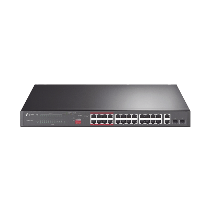 Switch No Administrable 24 Puertos PoE+ 10/100 Mbps / 2 Puertos 10/100/1000 Mbps + 2 Puertos SFP (combo) / Modo Prioridad de Tráfico / Modo Aislamiento de Red / Presupuesto PoE de 250 W / Diseño para Ideal para Vigilancia IP