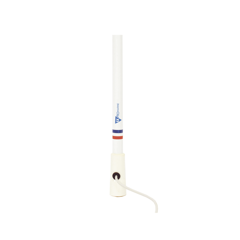 Antena marina VHF en fibra de vidrio en rango de 156 a 163 MHz, Incluye 4.5 metros de cable y conector PL-259 macho.