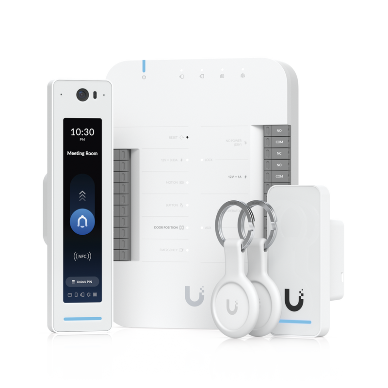 UA-G2-SK-PRO UniFi Access Kit de Inicio Gen2 Profesional para 1 puerta, (1) Lector NFC con pantalla táctil, audio 2 vías y cámara / (1) Lector NFC y de movimiento UA-G2 / Hub para conexiones para controlar una puerta con salida POE y energizar acc