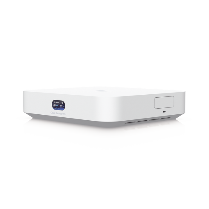 UniFi Cloud Gateway MAX, Router con todos los servicios UniFi, administra hasta 30 dispositivos UniFi y 300 clientes. 1 pto WAN 2.5G, 4 pts LAN 1G (uno configurable como WAN), seguridad IDS/IPS, VPN, bloqueo de apps/URLs, 512 GB memoria interna