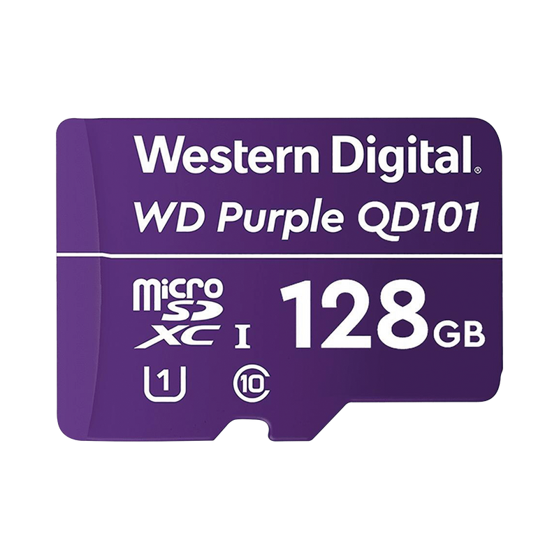 WD128MSD Memoria microSD de 128 GB PURPLE, Especializada Para Videovigilancia, 10 VECES MAYOR DURACIÓN, 3 AÑOS DE GARANTIA