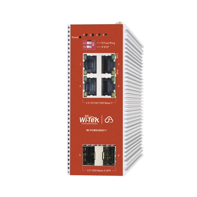 WI-PCMS306GF-I Switch L2+ PoE Industrial / Administración Cloud-Web-CLI / 4 Puertos PoE af/at 100/1000 Mbps / 2 Puertos SFP Gigabit / Presupuesto PoE 120 W / Protocolo ERSP (redundancia enlaces)