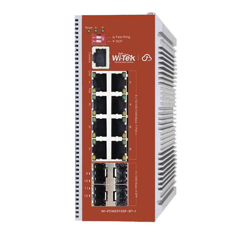 WI-PCMS312GF-BT-I Switch L2+ PoE Industrial / Administración Cloud-Web-CLI / 8 Puertos PoE af/at/bt 100/1000 Mbps / 2 Puertos SFP Gigabit / Presupuesto PoE 460 W / Protocolo ERSP (redundancia enlaces)