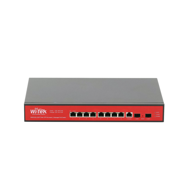 WI-PMS310GF-UPS-PLUS Switch Administrable Capa 2 de 8 puertos 10/100/1000 PoEaf/at + 2 x SFP Gigabit, con respaldo para energía solar