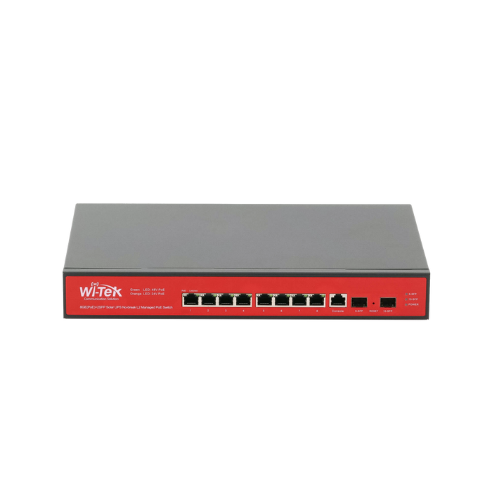 Switch Administrable Capa 2 de 8 puertos 10/100/1000 PoEaf/at + 2 x SFP Gigabit, con respaldo para energía solar
