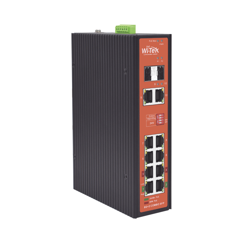 WI-PS310GF-I-V2 Switch PoE Industrial No administrable / Puertos 1-2 PoE 802.3 af/at y PoE 24 Vcc Pasivo 30W / Puertos 3-4 PoE 802.3 af/at/bt Hasta 60W / Puertos 5-8 PoE 802.3 af/at Hasta 30W / Los 8 puertos son Gigabit + 2 SFP combo / Presupuesto 300W