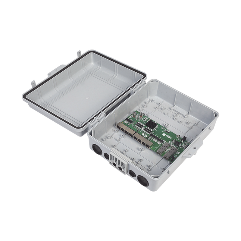 WI-PS310GFR-O Switch WISP/FTTx con 7 puertos PoE inverso de 24V Pasivo (PoE in), 1 puerto PoE out de 24V + 2 SFP, Integrado con Gabinete NEMA IP67 para exterior