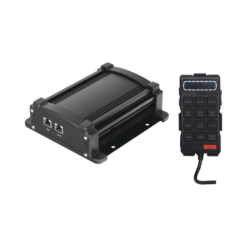 X100F Sirena Vehicular de 100W de Potencia Con Controlador Unimando, Micrófono, Control de Tonos y Patrones de destello de Barras de Luces Serie X67 / X75