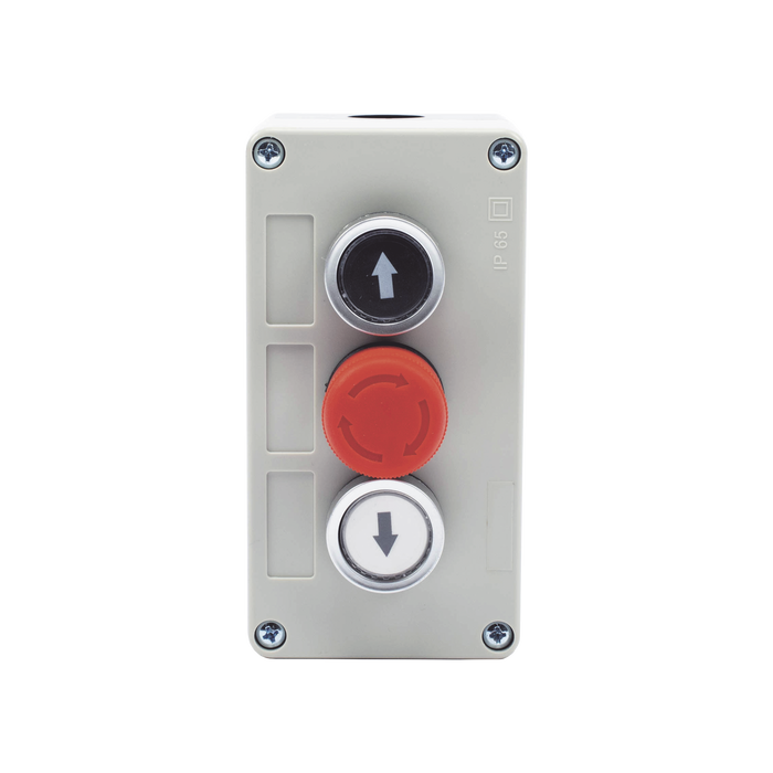 Botonera Triple con Boton de Stop Tipo Enclavado / Para Barreras Vehiculares, Operadores Corredizos y Abatibles.