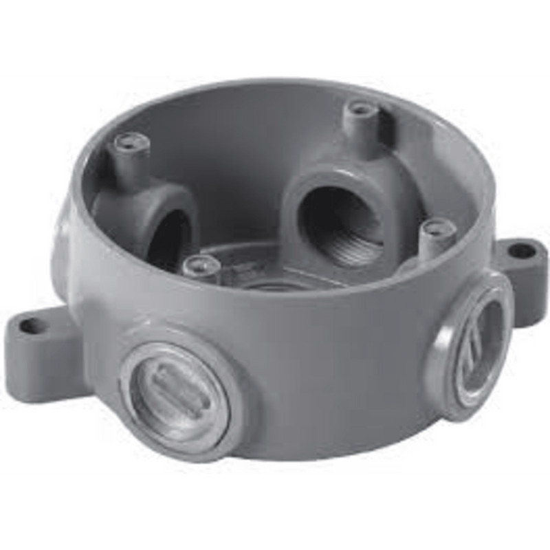 Caja Redonda Estándar sin Tapa a Prueba de Intemperie 102(4) de 3/4 (19 mm) / Con 5 salidas.