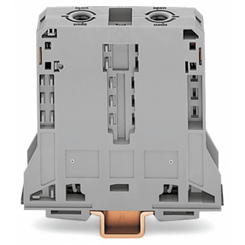 285-195 Borna de Paso para 2 Conductores / 95 mm² / POWER CAGE CLAMP / Montaje en Carril DIN 35 x 15 / Tensión Asignada 1000 V / Corriente Asignada 232 A / Material Poliamida (PA66) / Gris