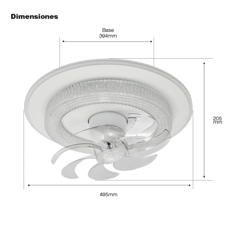 Ventilador de Techo con Luminario LED de 110 V CA 50/60 Hz /  88 W / 3 Tonos de Luz (6500 - 4 000 - 2 700 K) / Con giro 360° / Diámetro 495 mm / 6 Velocidades / Dimeable.