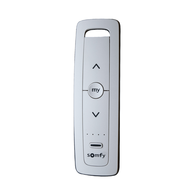 SITUO5RTSPURE Control remoto 5 canales para motores de persiana Somfy con señal inalámbrica, instrucciones: sube, baja y detener, con posición favorita programada.