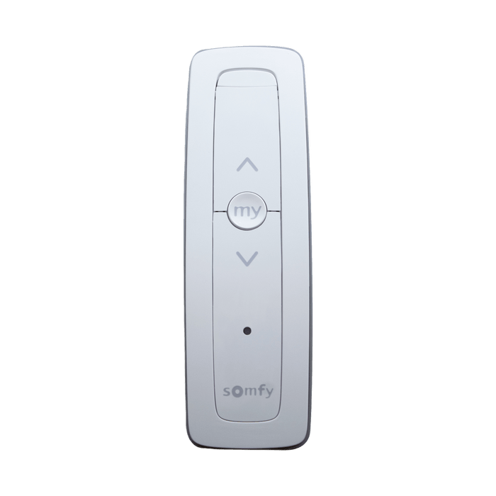 Control remoto 1 canal para motores de persiana Somfy con señal inalámbrica, instrucciones: sube, baja y detener, con posición favorita programada.