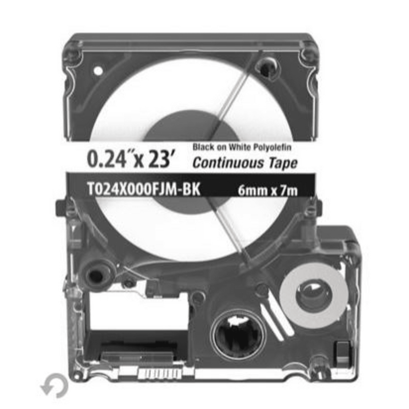 T024X000FJM-BK Casete de Etiquetas de Poliolefina de Cinta Continua, Color Negro Sobre Blanco, Uso Interior/Exterior, 5.82 mm de Ancho x 7 Metros de Largo