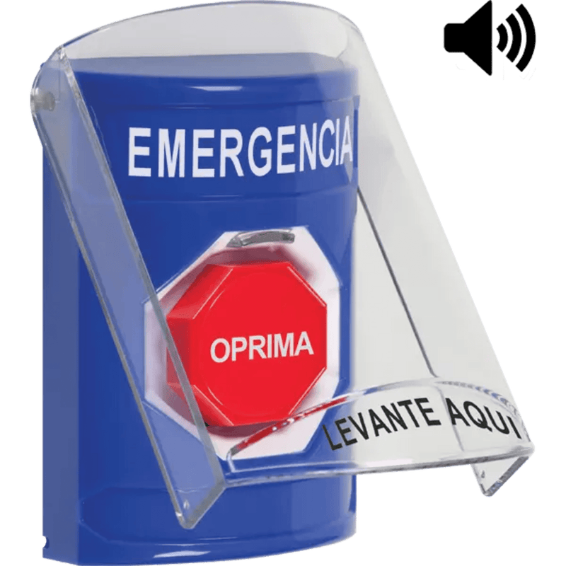 SS24A2EM-ES ?Botón Multipropósito, Color Azul, De Superficie, Con Tapa De Policarbonato, Con Bocina Pre Alarma, Solo Interior, Llave Para Restablecer, Texto De Emergencia, Español