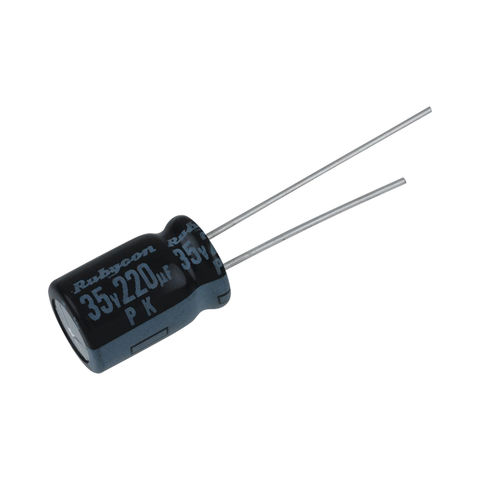Capacitor Electrolítico Radial en Aluminio de 220 µFd, 35 Vcc, 105 °C, 10 x 12.5 mm.