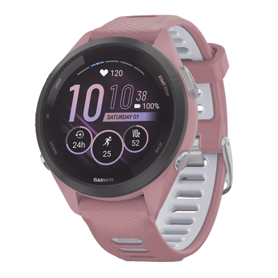 Forerunner® 265S, Bisel negro con carcasa en rosa y correa de silicona en rosa/gris