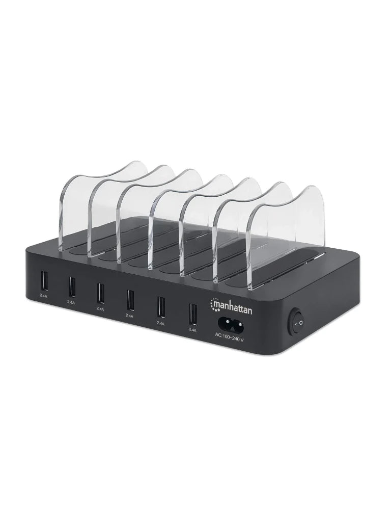 MANHATTAN - 102254 - Estación de carga con 6 puertos USB / Seis puertos USB-A, hasta 5 V / 2.4 A por puerto, 50 W de salida en total, negro