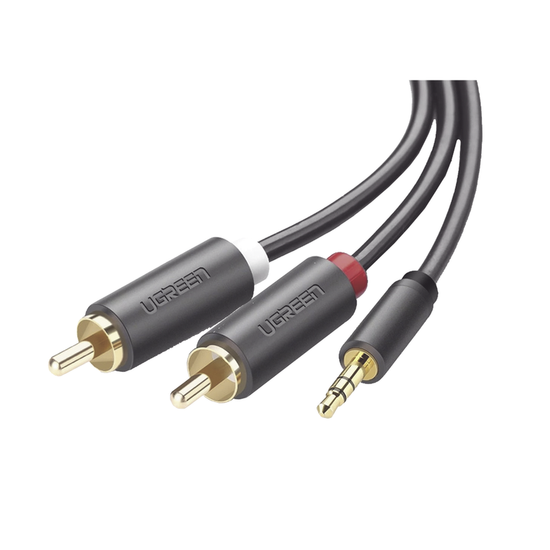 10513 Cable Adaptador de 3.5mm Macho a 2 RCA Macho / 5 Metros / Color Gris / Blindaje Múltiple / ABS / Alta Calidad