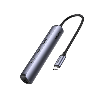 HUB USB-C (Docking Station) 5 en 1 | Ultra Delgado | 2 USB-A 3.1 a (5 Gbps) | HDMI 4K@60Hz | RJ45 (Gigabit Ethernet) | USB-C PD Carga Rápida 100W | Soporta OTG | Chips Inteligentes | Pequeño y Ligero | Caja de Aluminio. - Toer